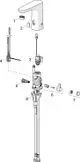 Diagramm einer Waschtischbatterie von HANSA mit verschiedenen Bauteilen, einschließlich Hebel, Ventil, Anschlüssen und Montageschrauben für die Installation.